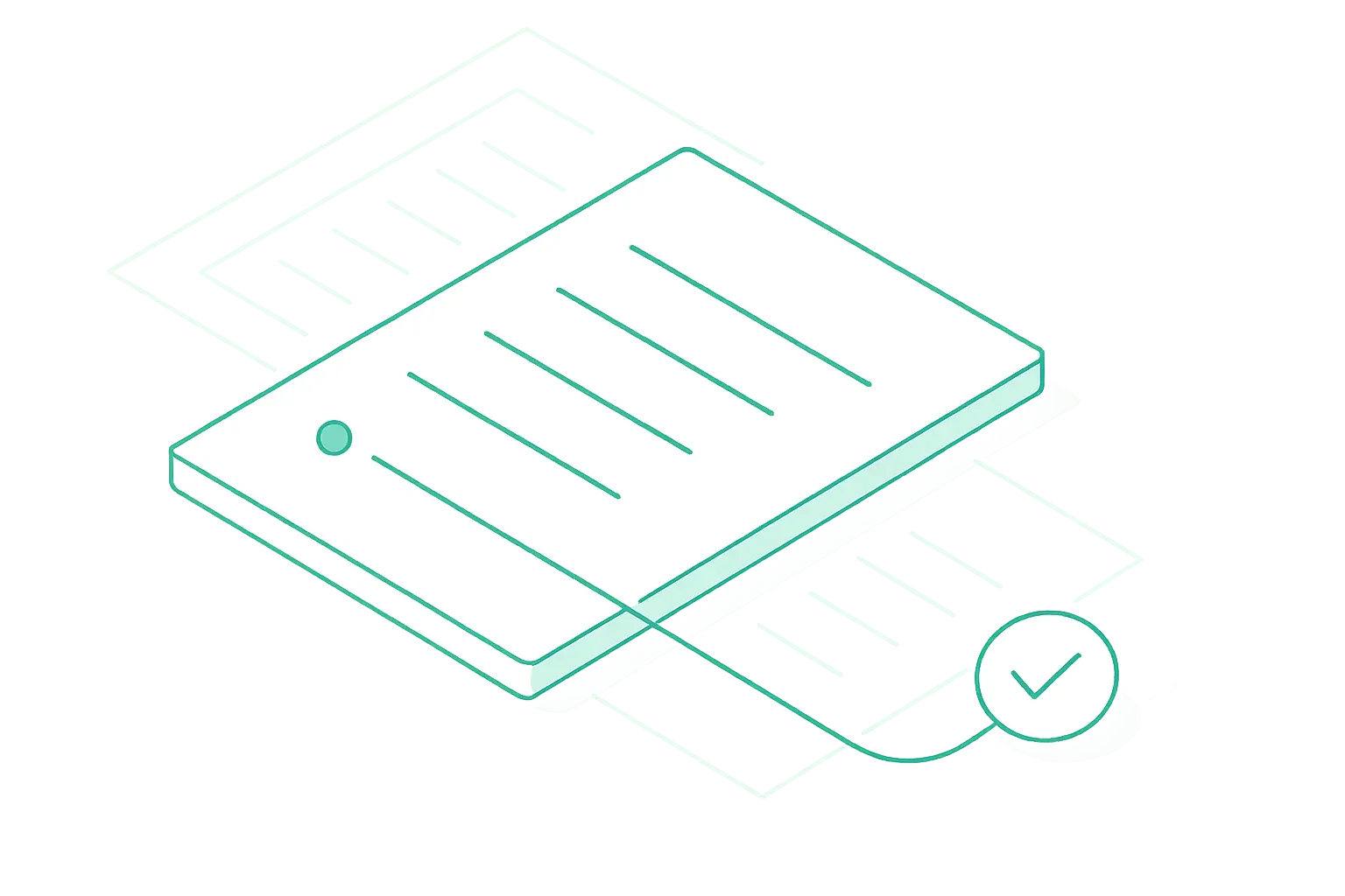 Isometric blueprint of a cited document node wired across a network to a different node wearing the winner badge
